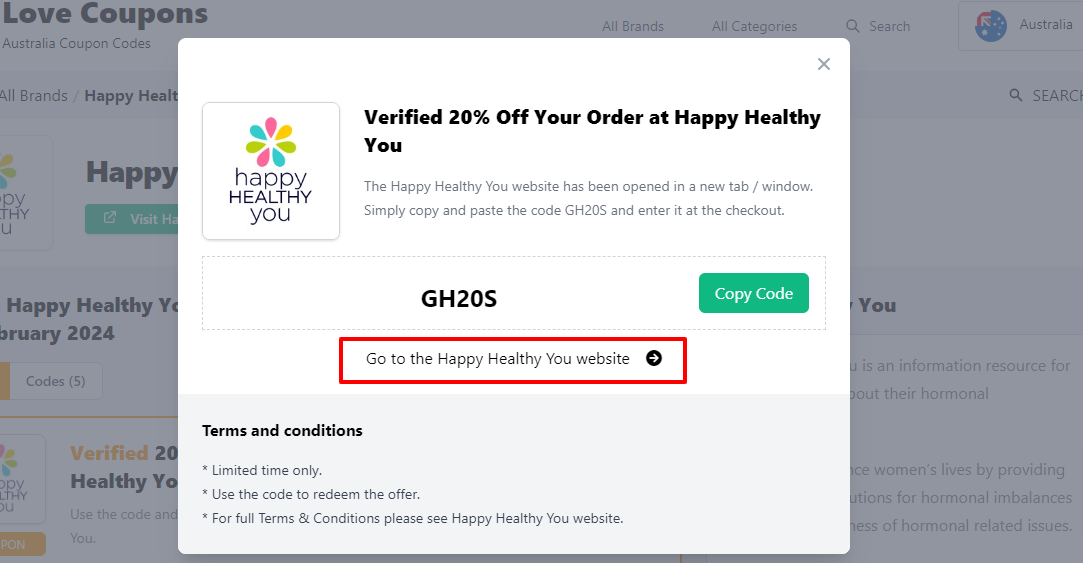 A box displayed on a white background of a Happy Healthy You discount code with the message ‘Go to the Happy Healthy You website’