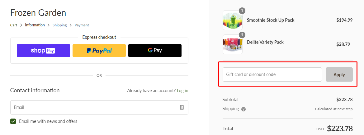 How do I use my Frozen Garden discount code?