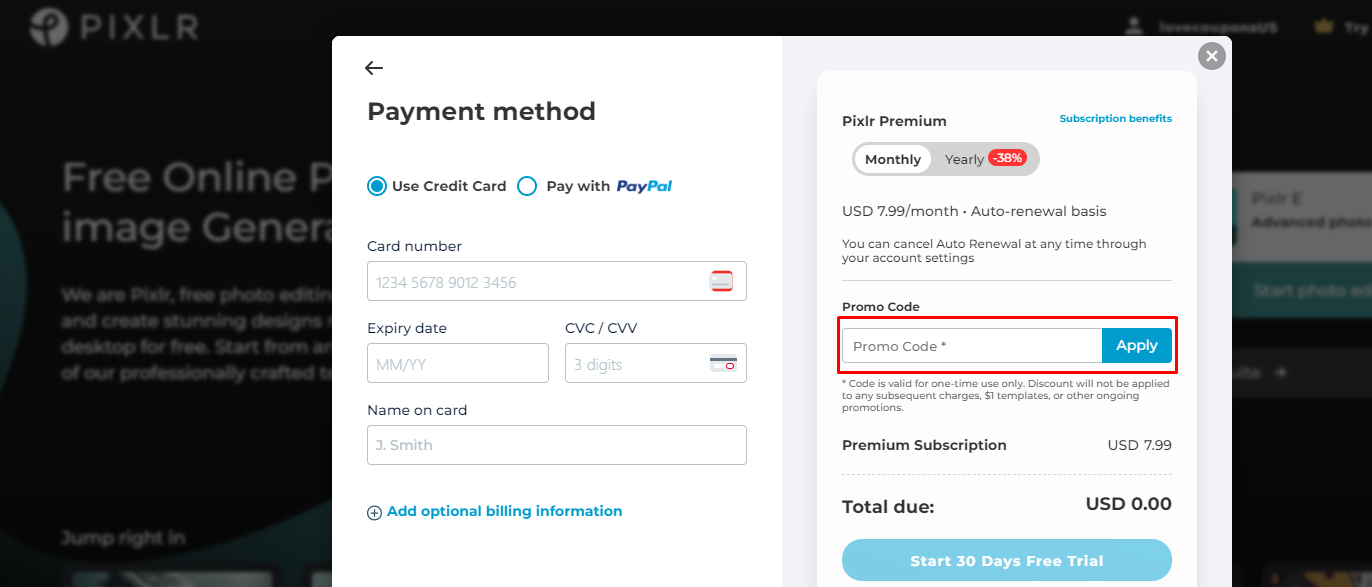 How do I use my Pixlr promo code?