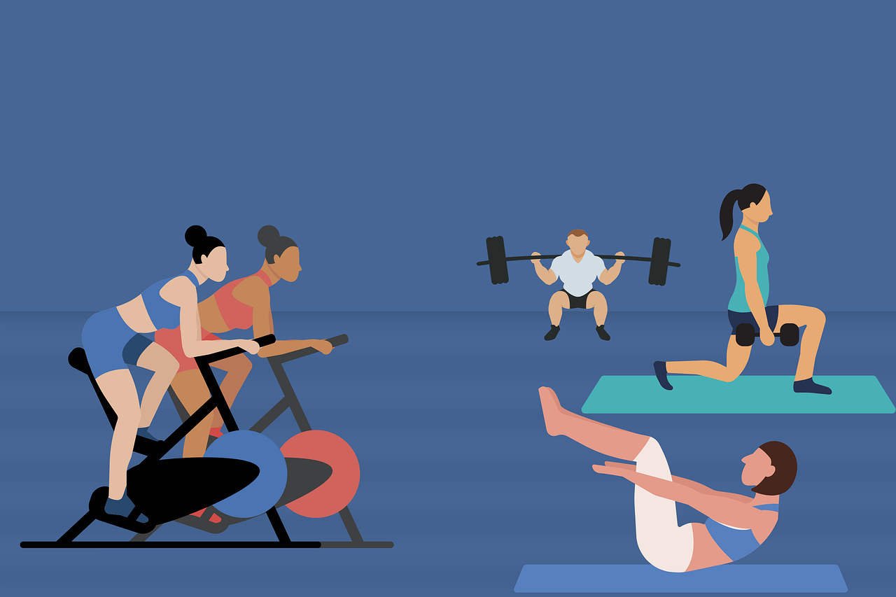 dibujo de siluetas de personas entrenando y haciendo ejercicio en un fondo azúl