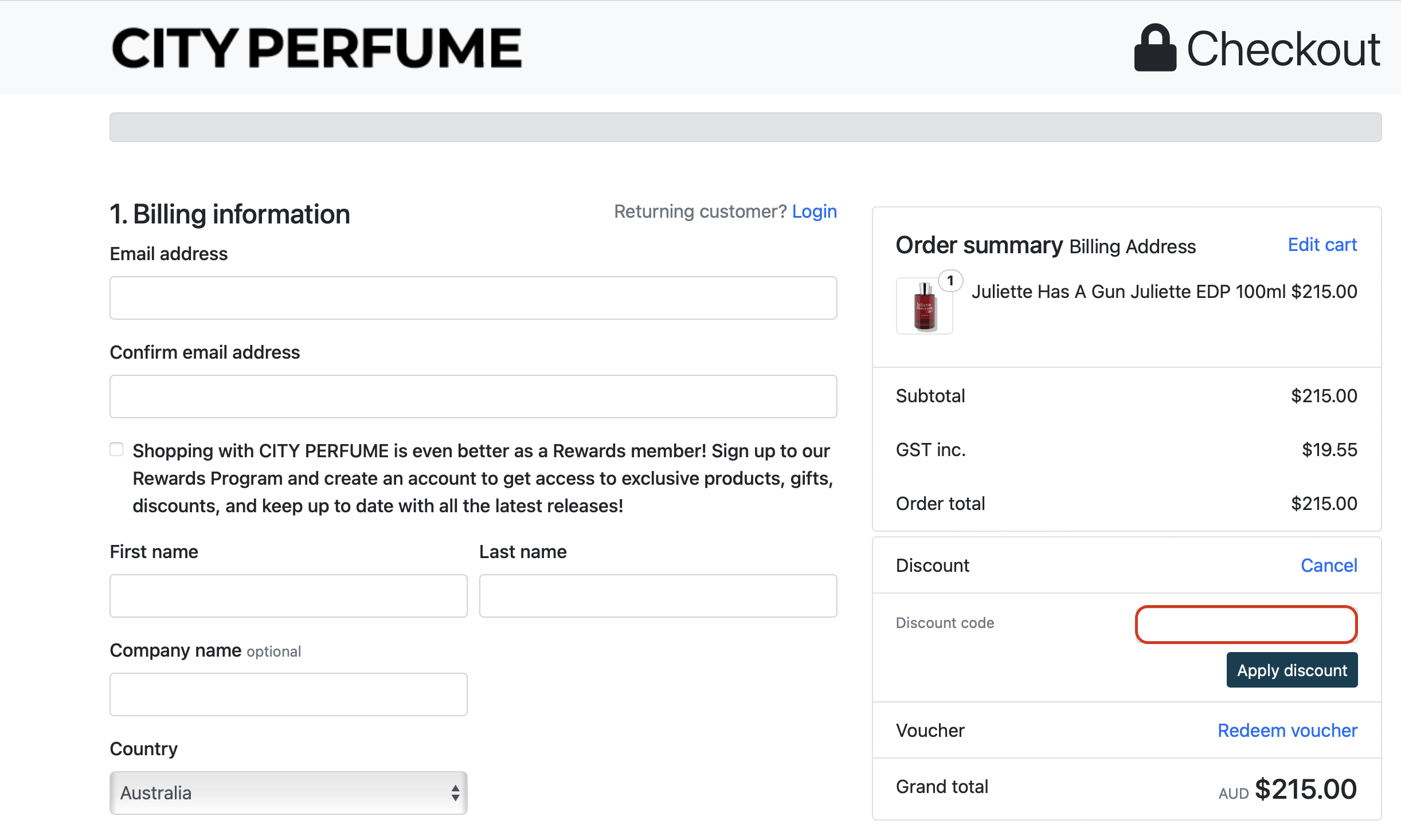 The highlighted red box at the brand checkout is showing where to add the City Perfume voucher code.