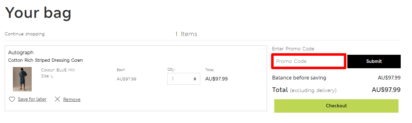 Marks & Spencer checkout summary page, displaying cart items, cart total and the Marks & Spencer discount code box highlighted with a red border box