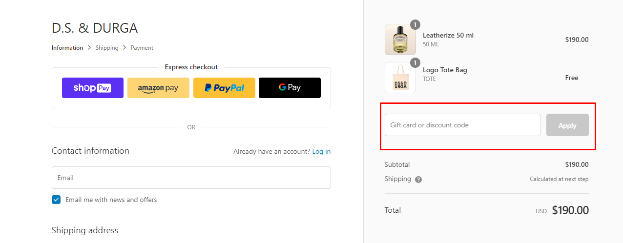 How do I use my D.S. & DURGA discount code?