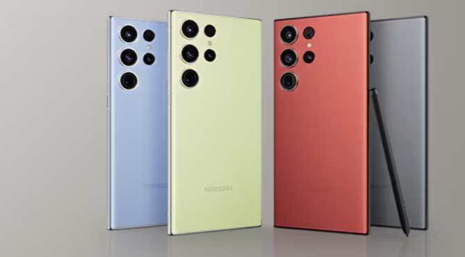 3 smartphones graphite, yellow, blue and red written Samsung at the lower bottom part showing 3 back cameras each.