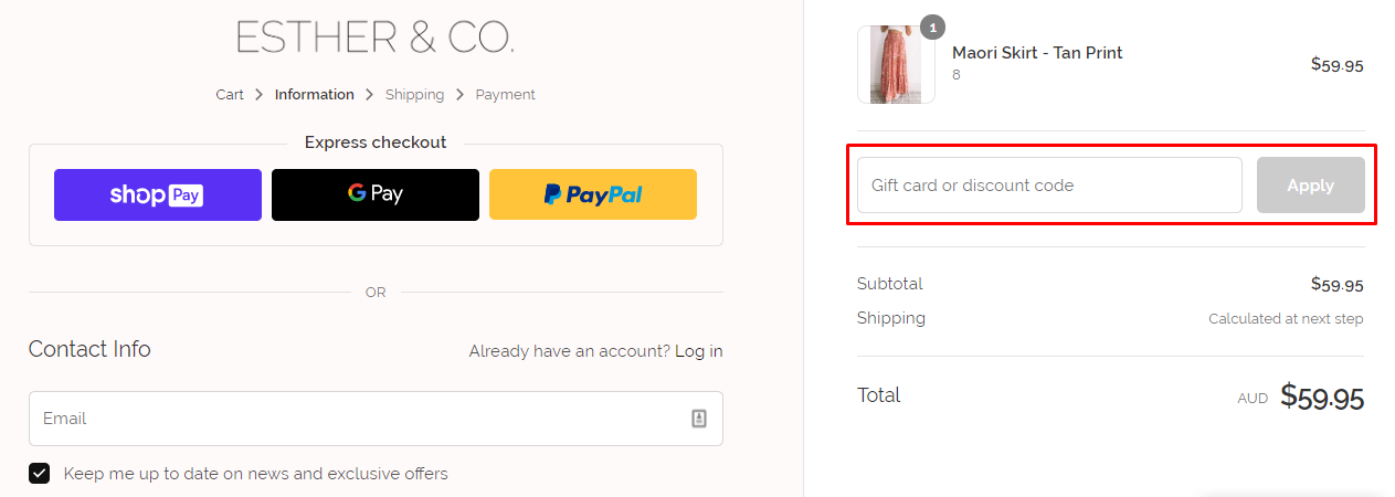 How do I use my Esther & Co discount code?