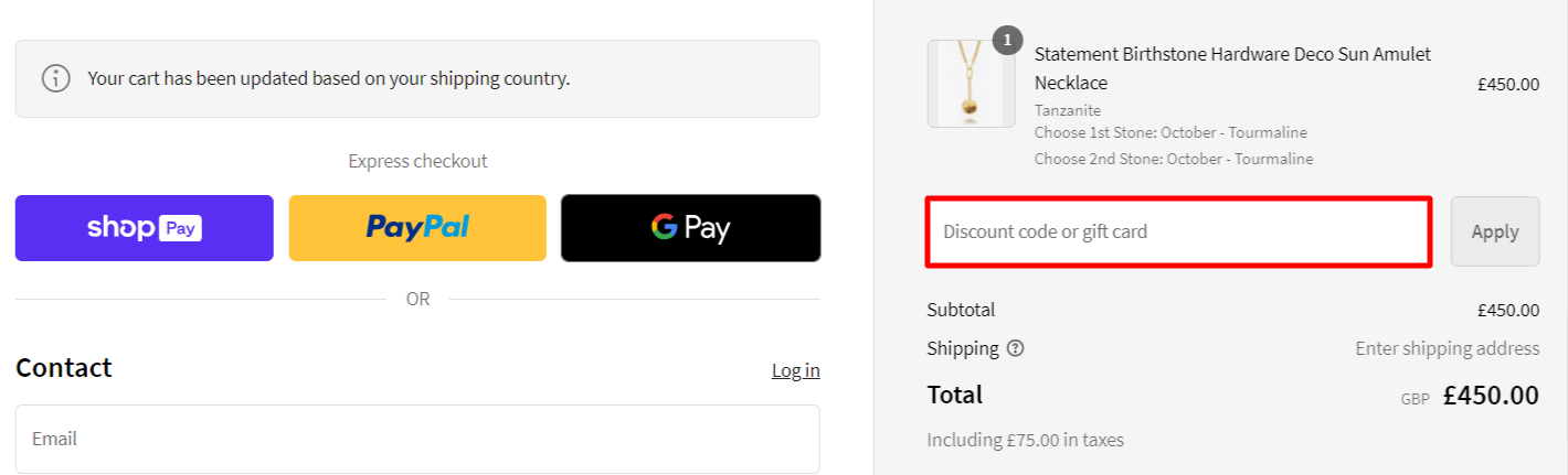 The brand checkout page with where to add the Rachel Jackson discount code highlighted with a red box