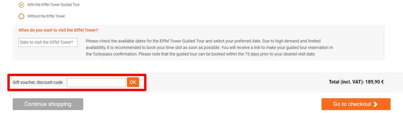 The brand checkout page with where to add the Turbopass discount code highlighted with a red box