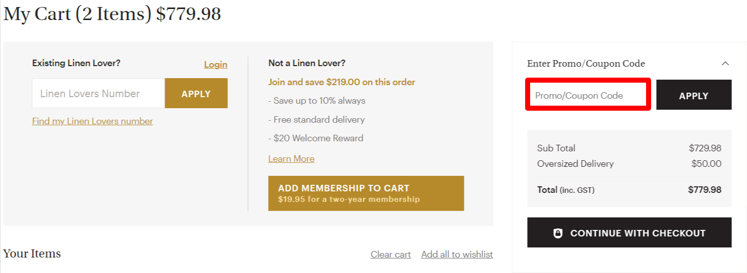The brand checkout page with where to add the Adairs coupon code highlighted with a red box