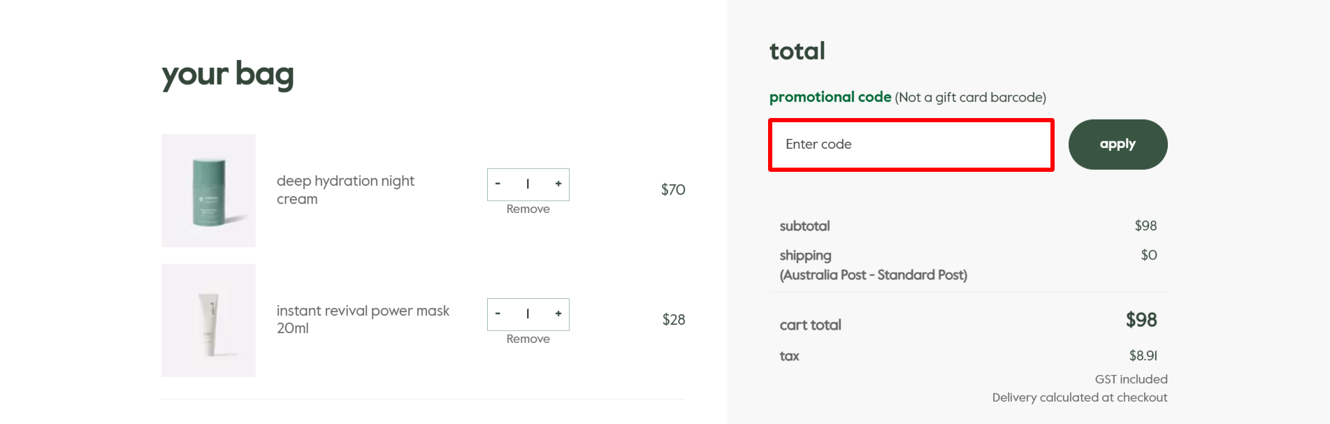 The highlighted red box at the brand checkout page is showing where to add the endota spa discount code.