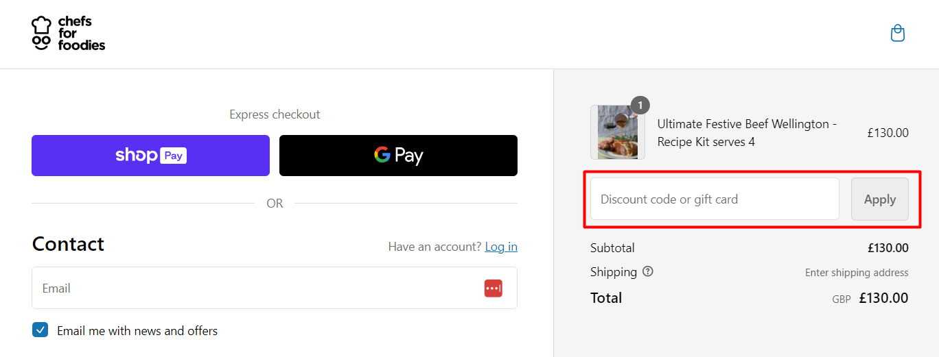 How do I use my Chefs for Foodies discount code?