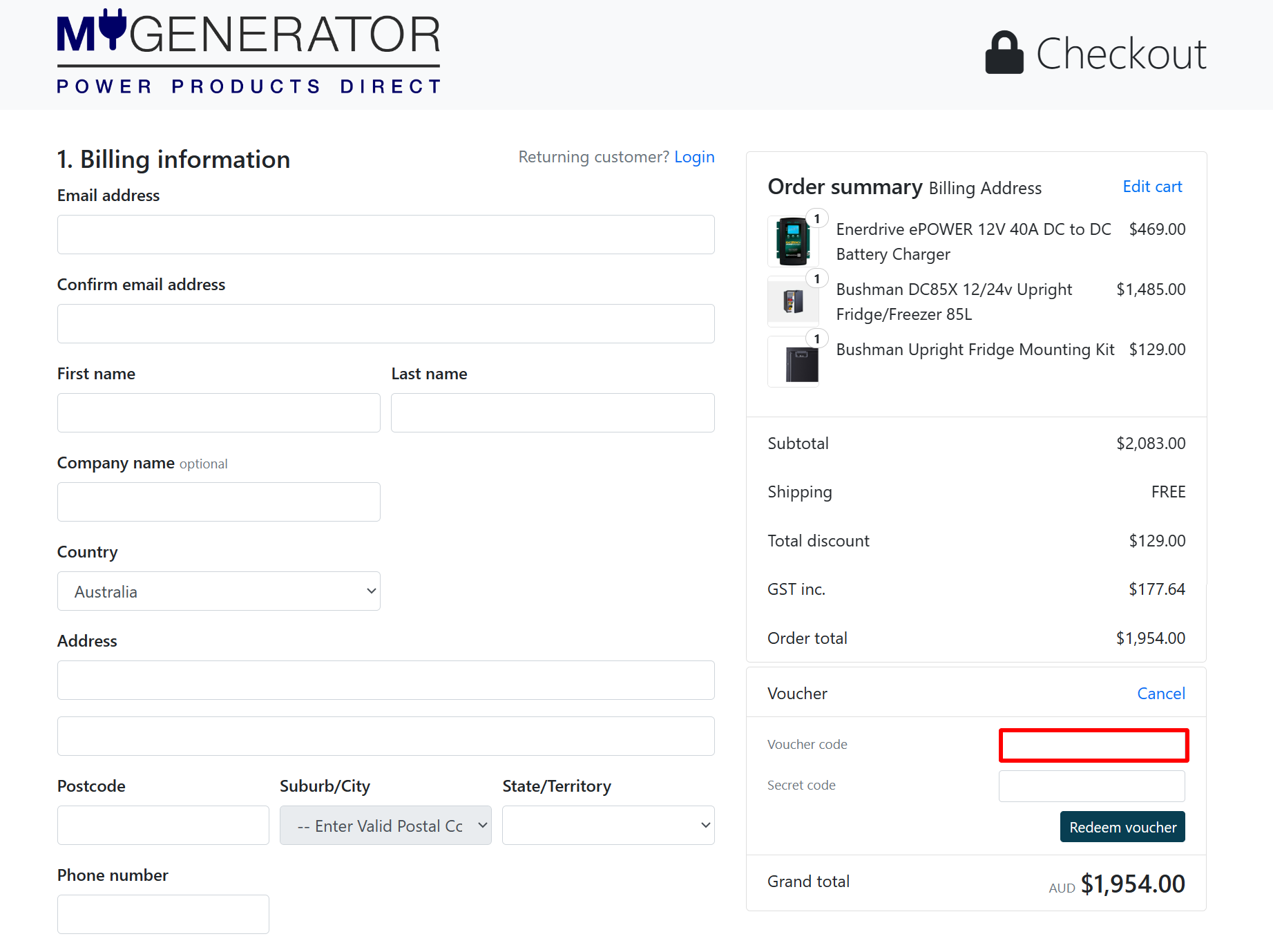 The highlighted red box at the brand checkout page is showing where to add the My Generator discount code.