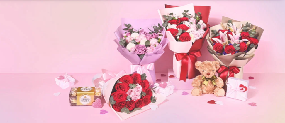 4 flower bouquets, a teddybear and a chocolate box on a pink background