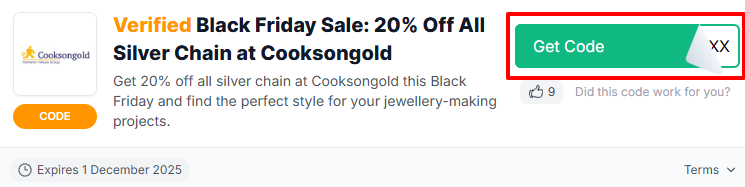 A Cooksongold discount code with "Get Code" in a red box