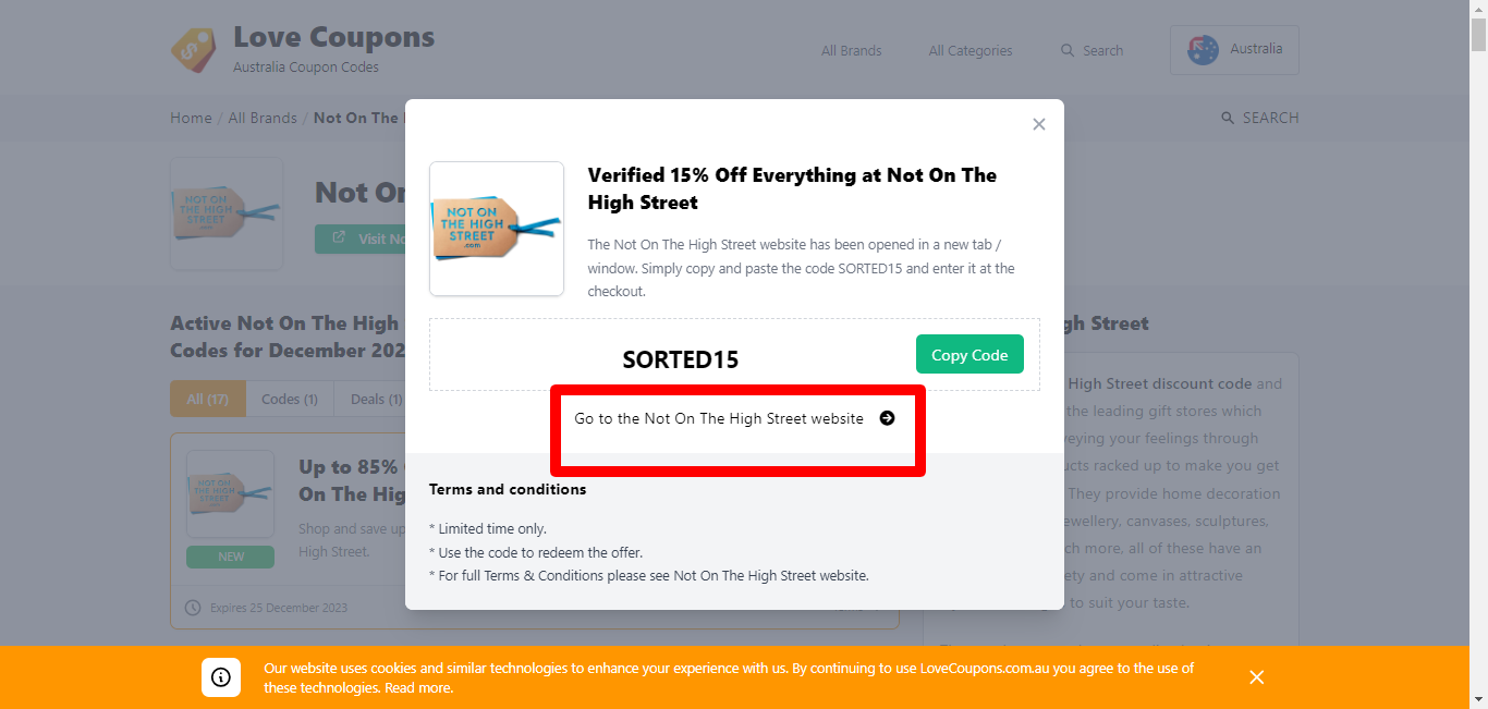Box displayed on a darkened background of a Not On The High Street discount code with the terms and conditions showing