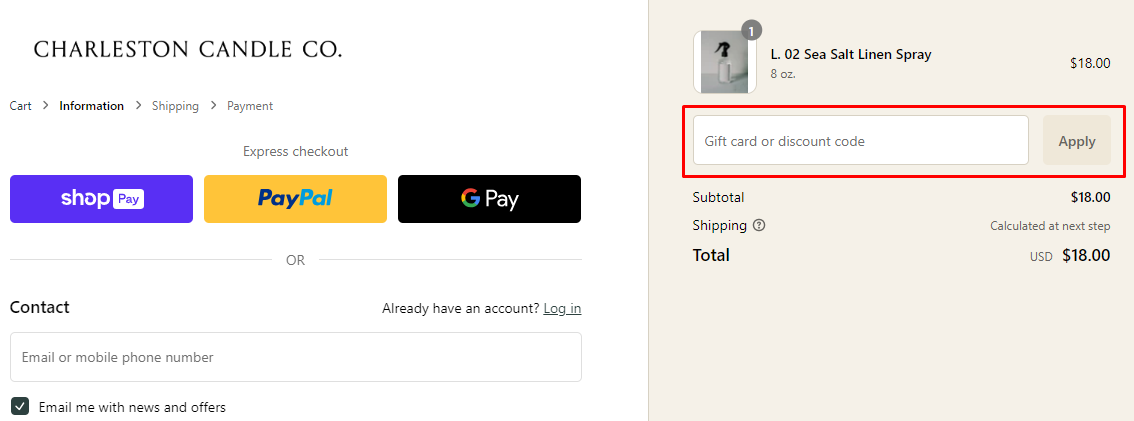 How do I use my Charleston Candle Co. discount code?
