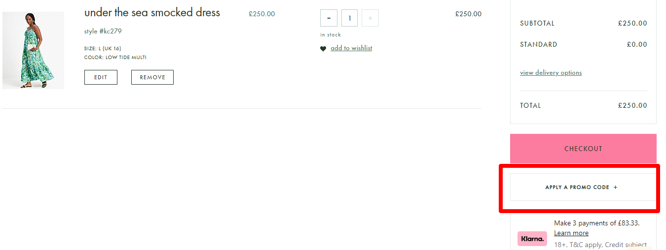 Kate Spade checkout page with total price also showing the red box where the customer can place the Kate Spade voucher code