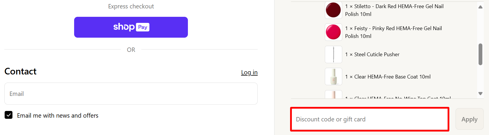 The checkout page showing where to apply your 14 Day Manicure voucher code