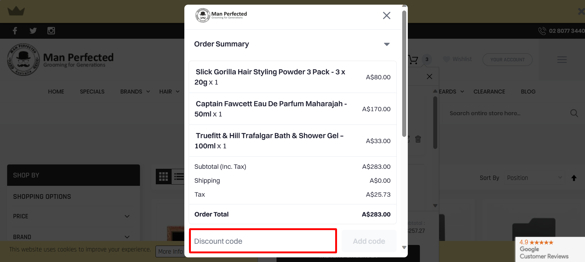 The highlighted red box at the brand checkout page is showing where to add the Man Perfected discount code.