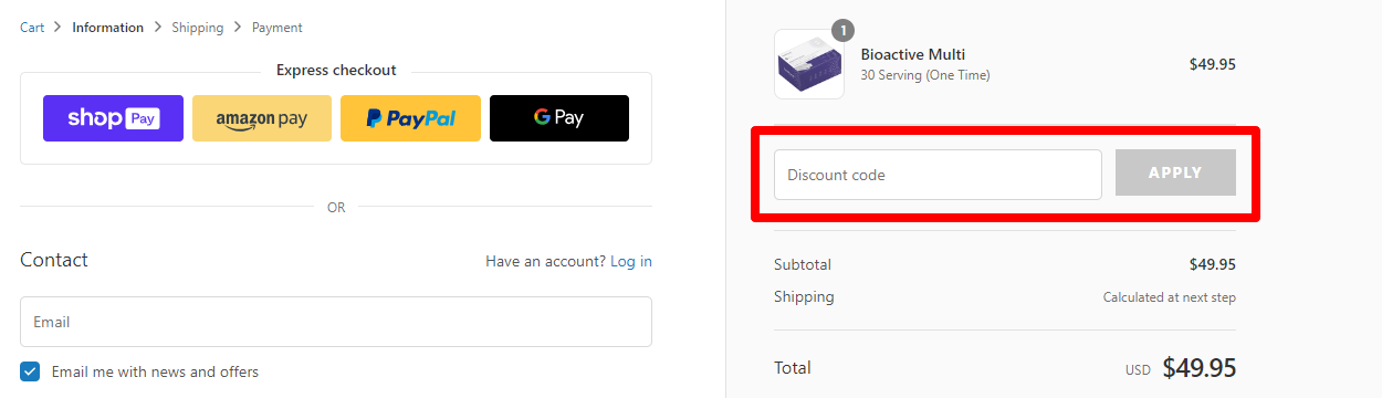 Healthycell checkout page with total price also showing the red box where the customer can place the Healthycell coupon