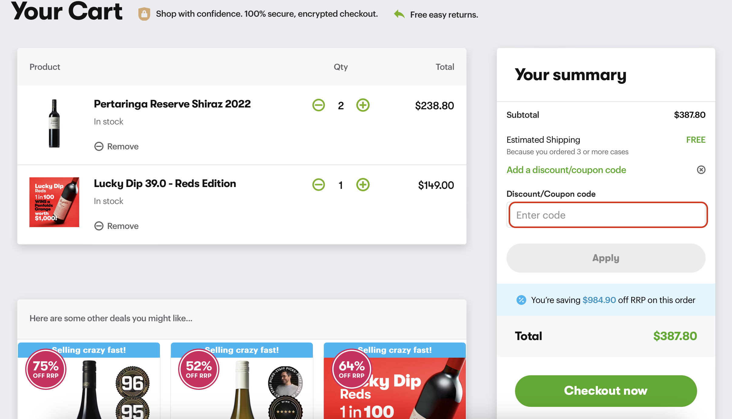 The highlighted red box at the brand checkout page is showing where to add the Vinomofo discount code.