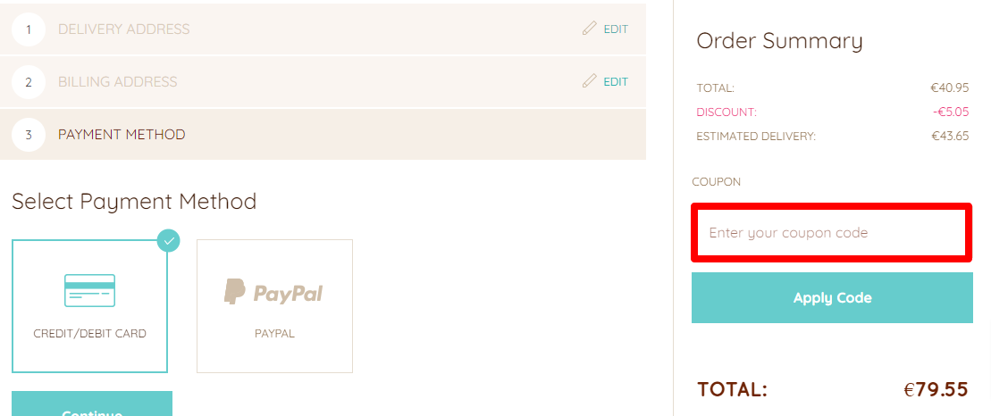 The brand checkout page with where to add the Lily O'Brien's promo code highlighted with a red box