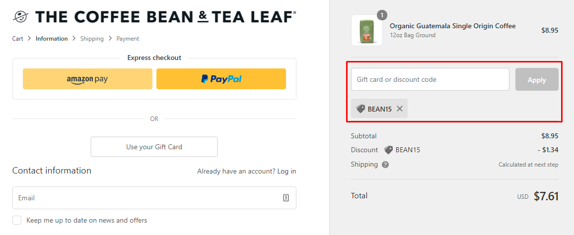 How do I use my The Coffee Bean & Tea Leaf discount code?