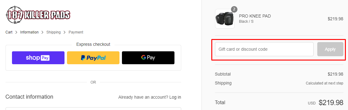 How do I use my 187 Killer Pads discount code?