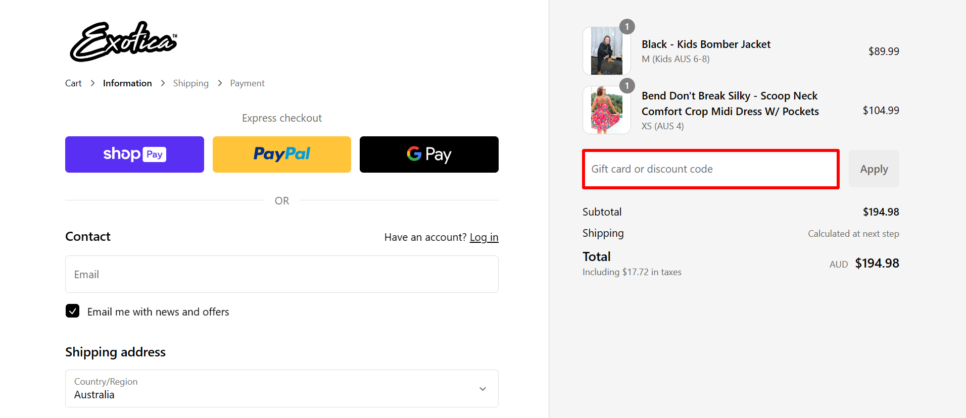 The brand checkout page with where to add the Exotica discount code highlighted with a red box