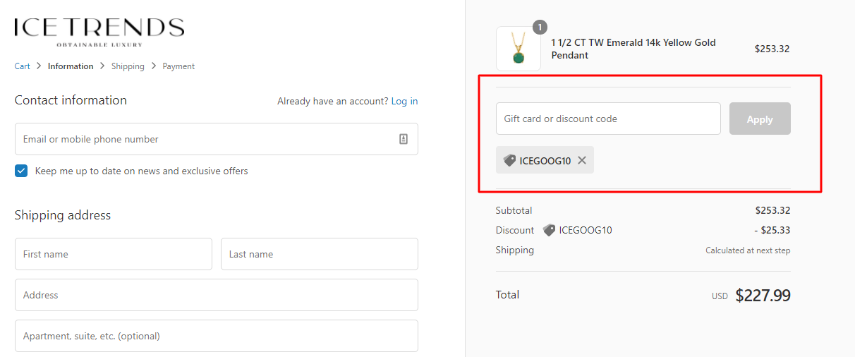 How do I use my Ice Jewelry discount code?