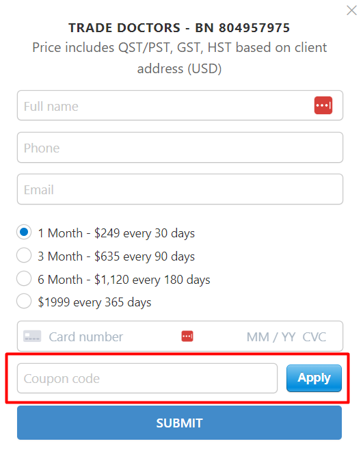How do I use my Trade Doctors coupon code?