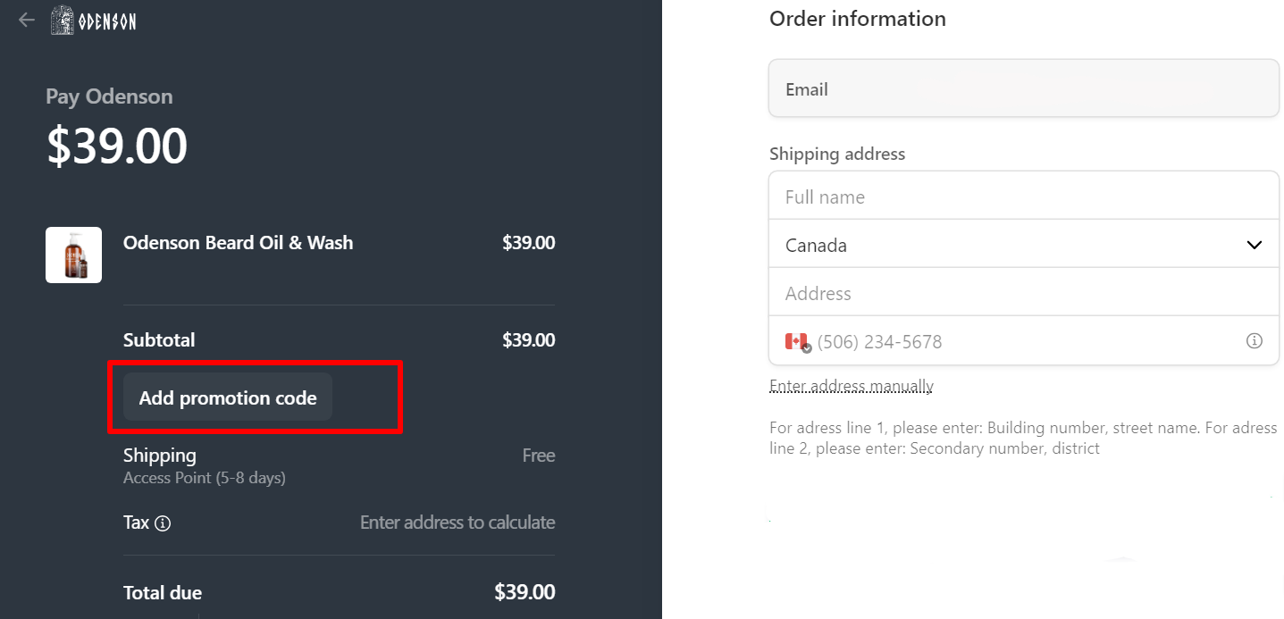 The checkout page showing a highlighted red box where to add an Odenson discount code.