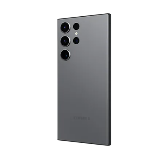 Graphite-coloured smartphone written Samsung at the lower bottom part showing 3 back cameras