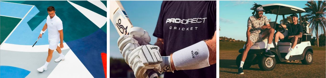 Different people wearing sportswear from Pro Direct Sport including tennis and cricket equipment