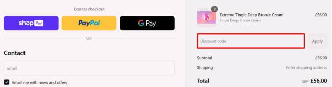 a red box highlgting where you enter your 2bTanned voucher code