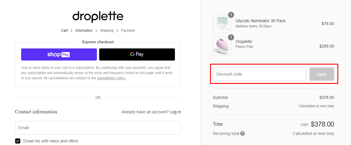 How do I use my Droplette discount code?