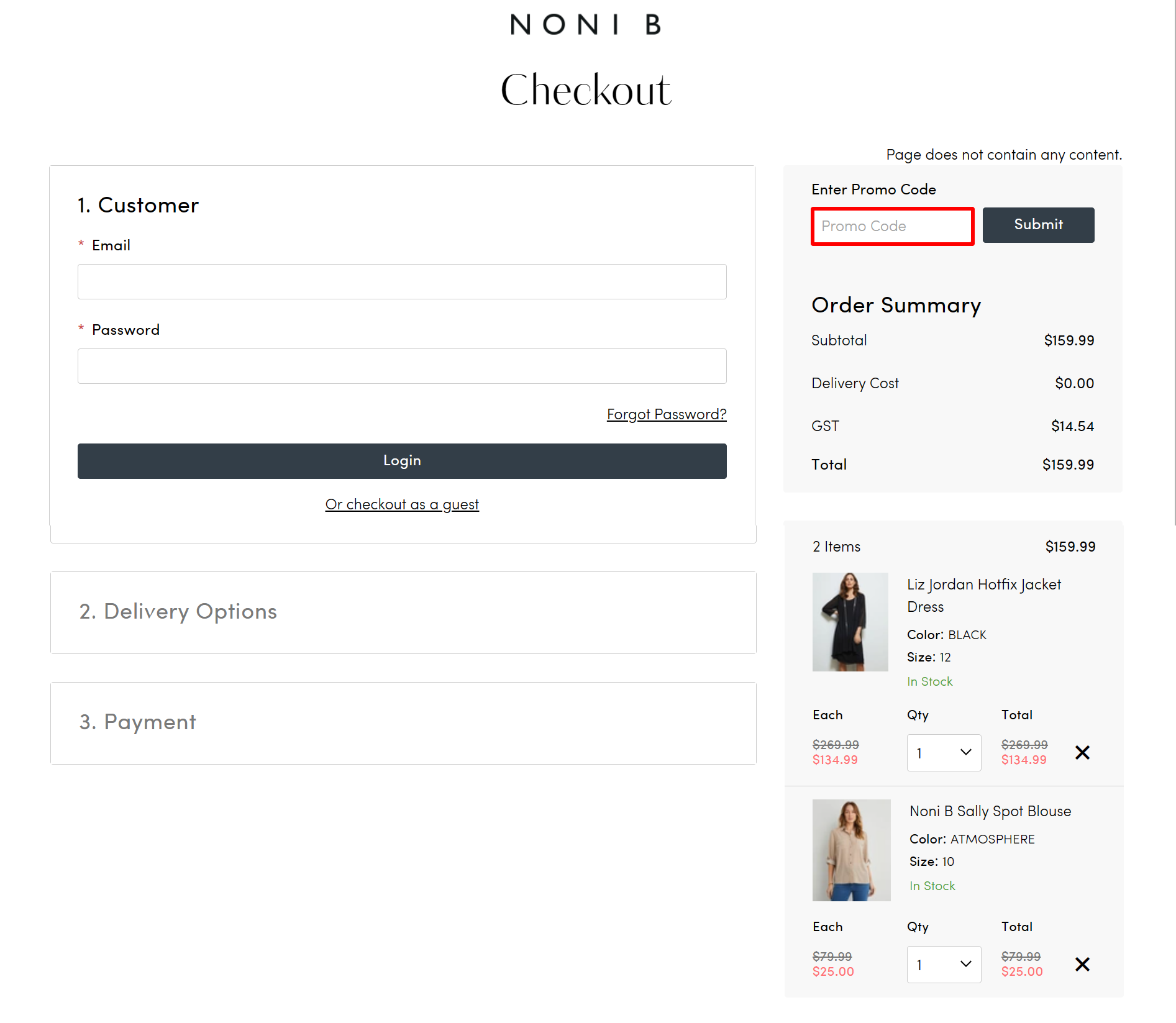 The highlighted red box at the brand checkout page is showing where to add the Noni B discount code.