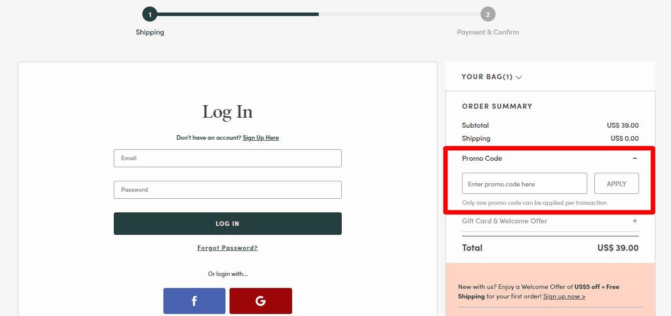 The brand checkout page with where to add the Love Bonito promo code highlighted with a red box