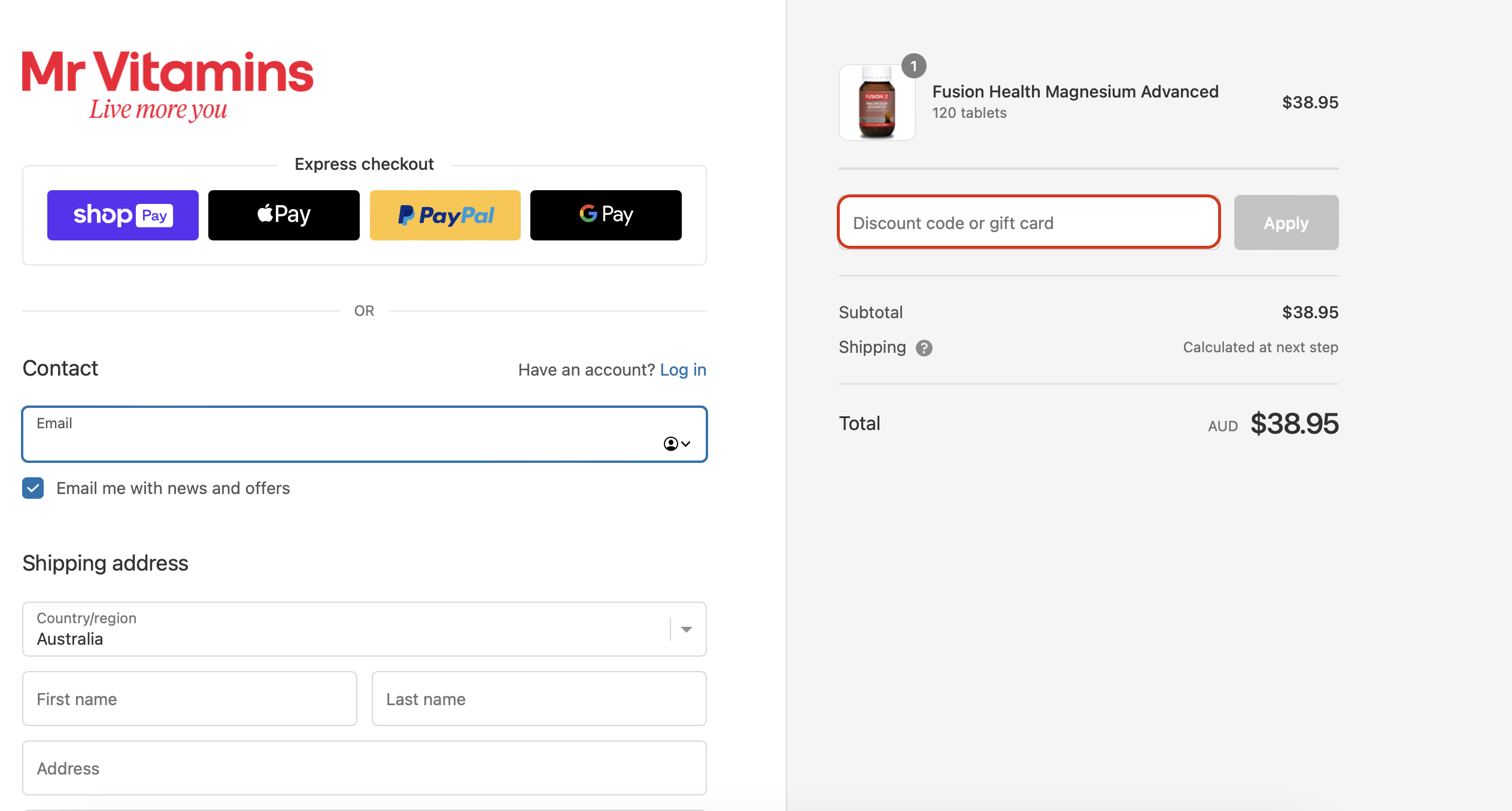 The highlighted red box at the brand checkout page is showing where to add the Mr Vitamins promo code.