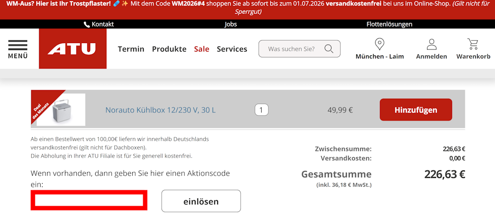 Warenkorb von ATU mit einem rotmarkiertem Eingabefeld für Rabattcodes