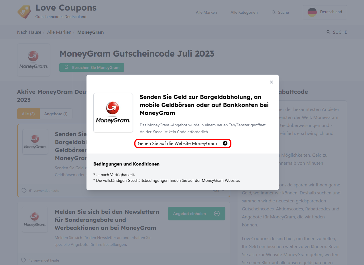 Die Lovecoupons Seite mit einem offenen Tab, welches ein Angebot für MoneyGram enthält