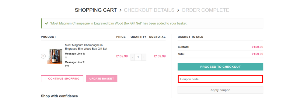 Applying a GiftsOnline4u promo code at checkout into the offer code box