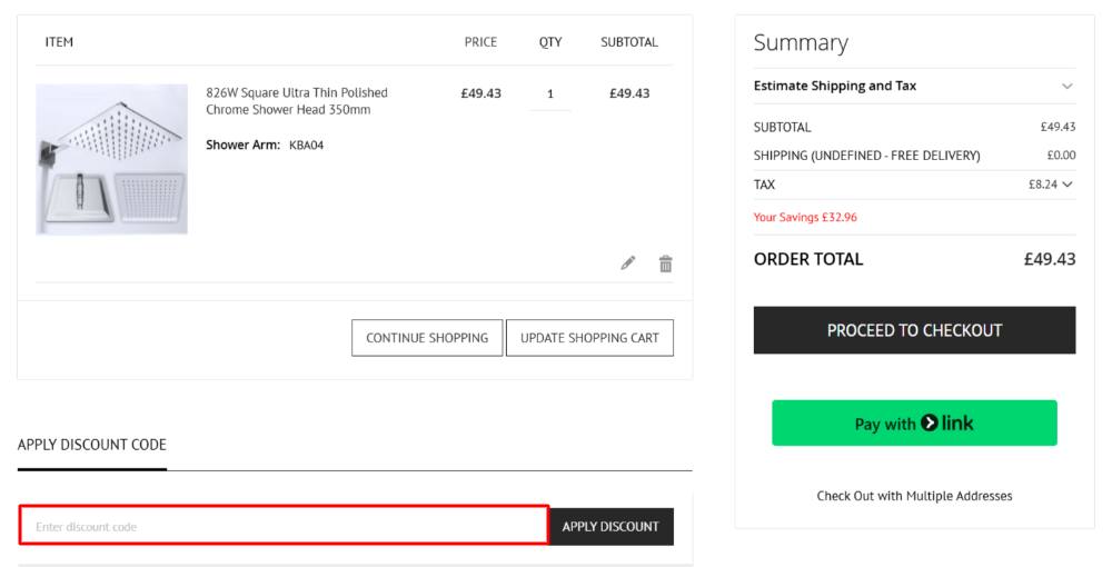 The Durovin Bathrooms checkout page with where to paste the Durovin Bathrooms voucher code in a red box