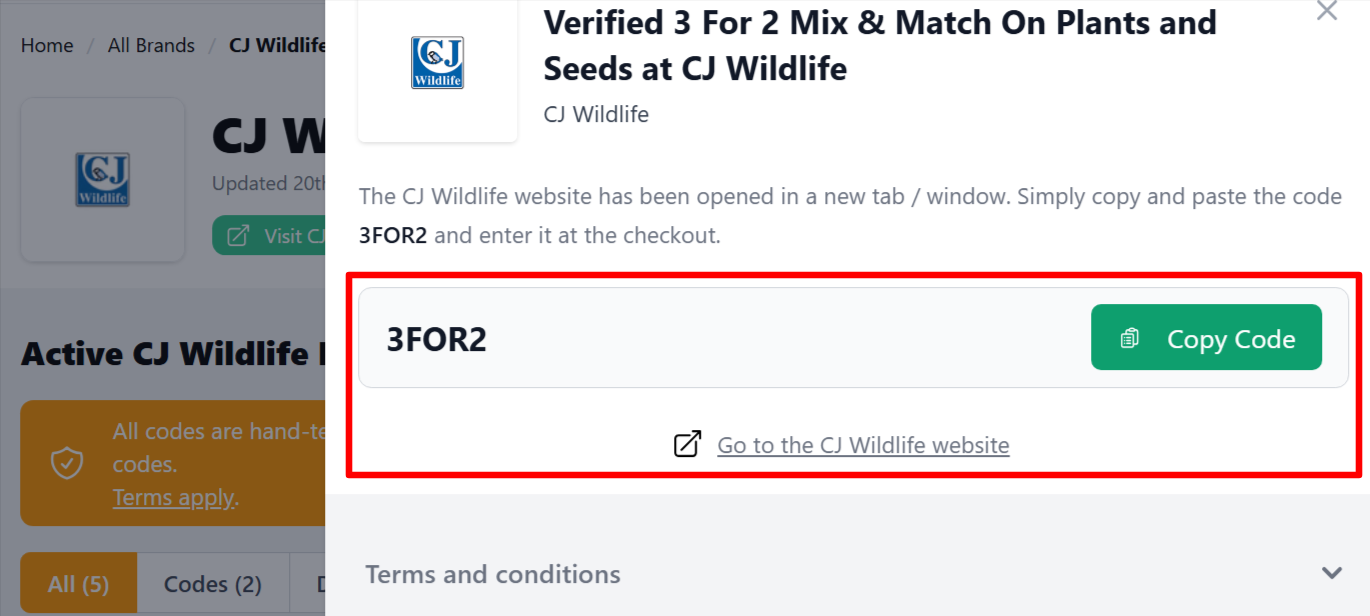 A CJ Wildlife voucher code on an onscreen page on our site