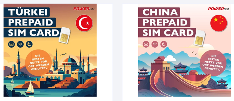 Zwei Bilder, die sich jeweils für Prepaid SIM-Karten zur Türkei und zu China beziehen