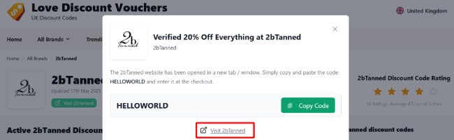 The highlighted red box shows the link that takes you to the 2bTanned website