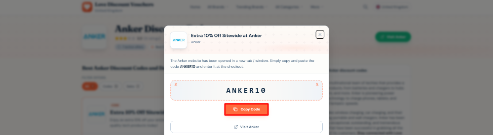 An Anker code revealed on Love Discount Vouchers ready to be copied