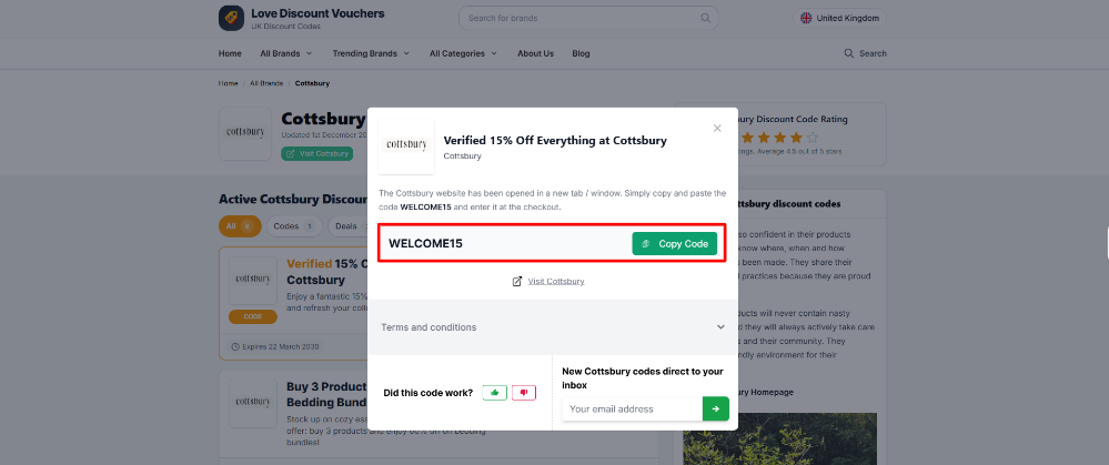 A Cottsbury code displayed on Love Discount Vouchers