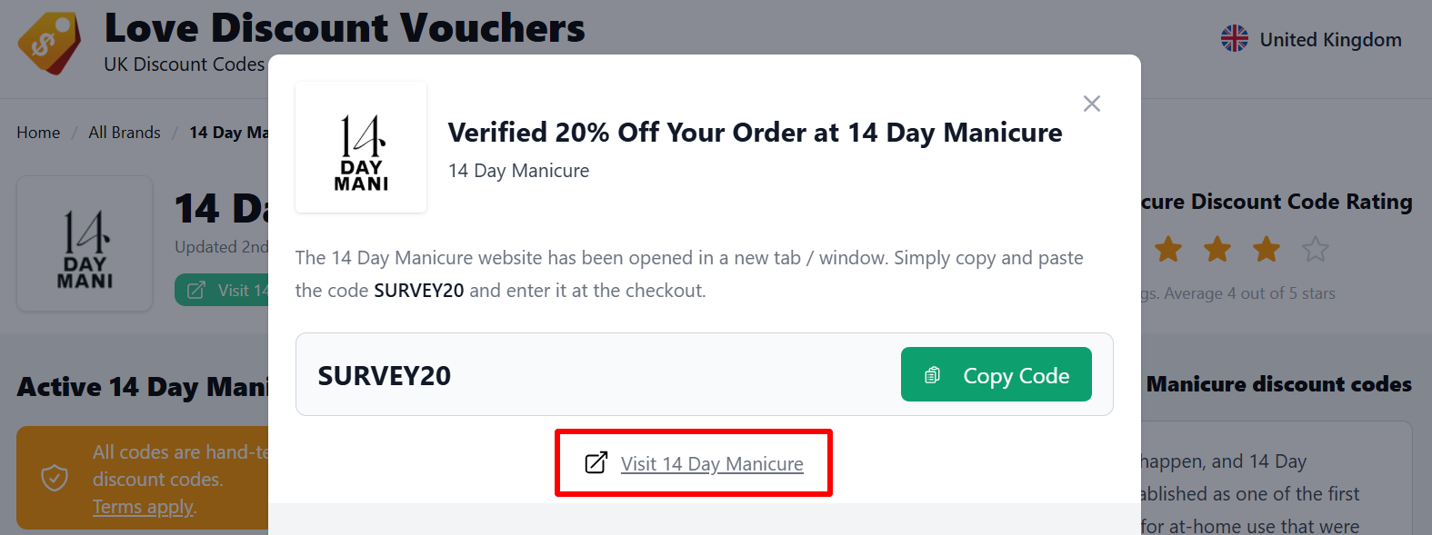 The highlighted red box shows the link that takes you to the 14 Day Manicure website