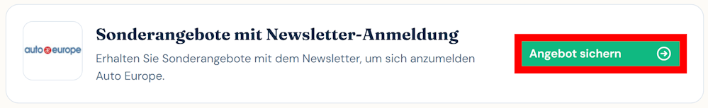 Ein offenes Angebot für Auto Europe mit rotmarkiertem grünen Button