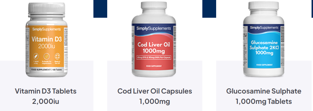 three of Simply Supplements supplements for customers to purchase